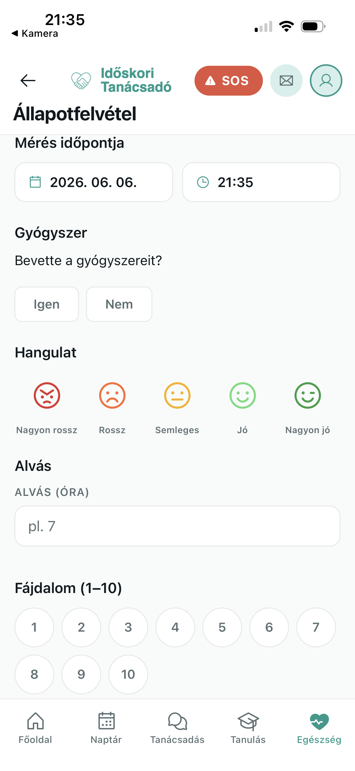Állapotfelvétel képernyő