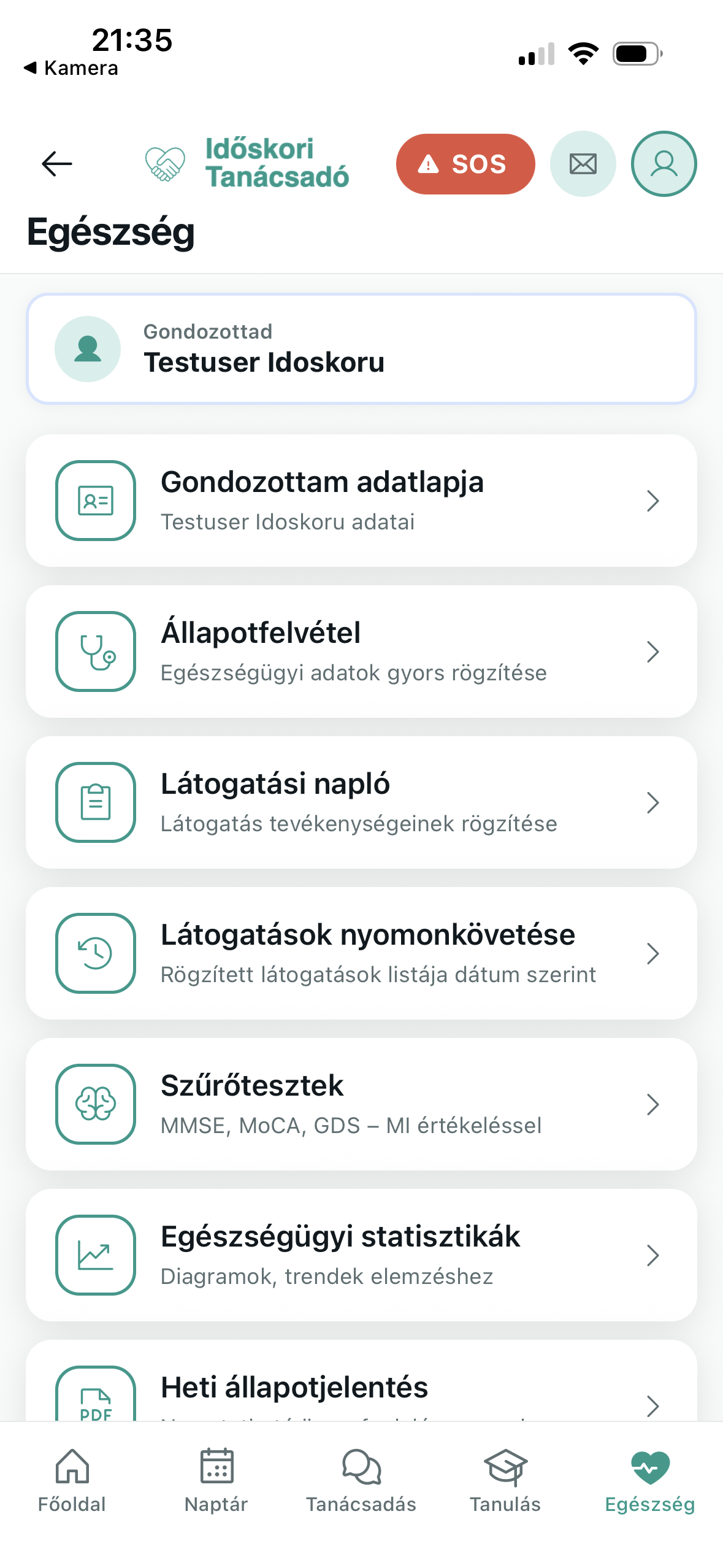 Egészség modul képernyő