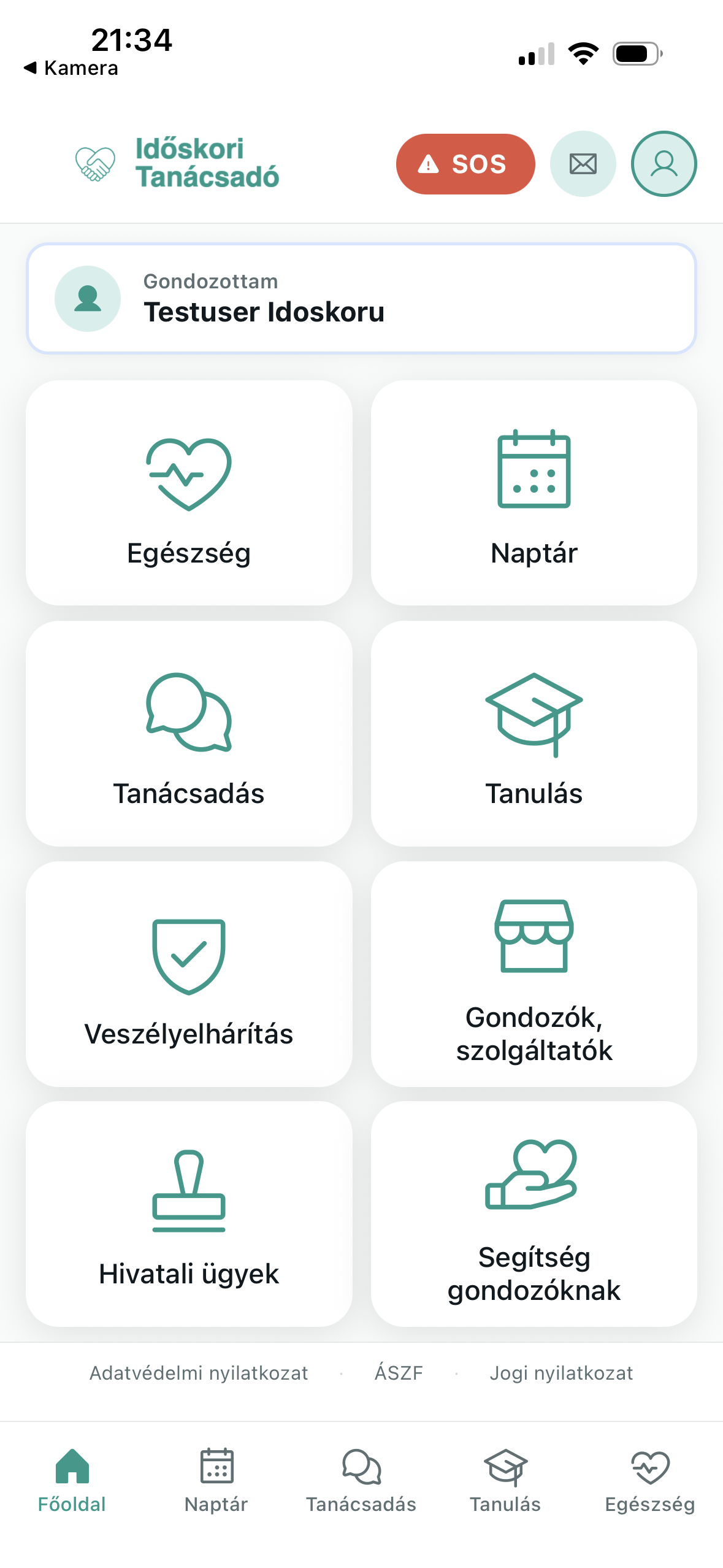 Főoldal – modulkártyák